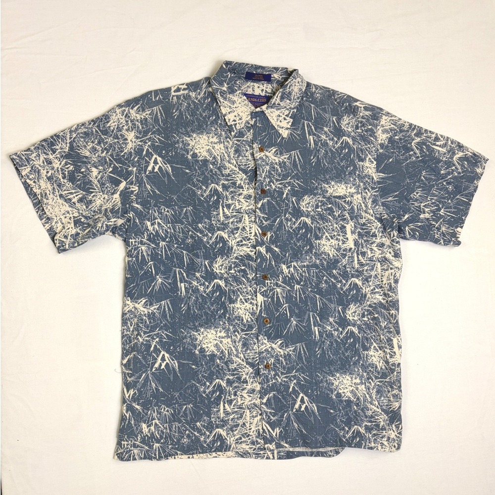 Pendleton Mens 100% Silk Button Up Shirt Medium Blue White Bamboo Abstract Print